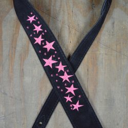 Pink Stars Embroidered Black Suede Guitar Strap