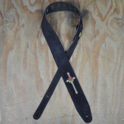 Rose & Cross Embroidered Black Suede Guitar Strap
