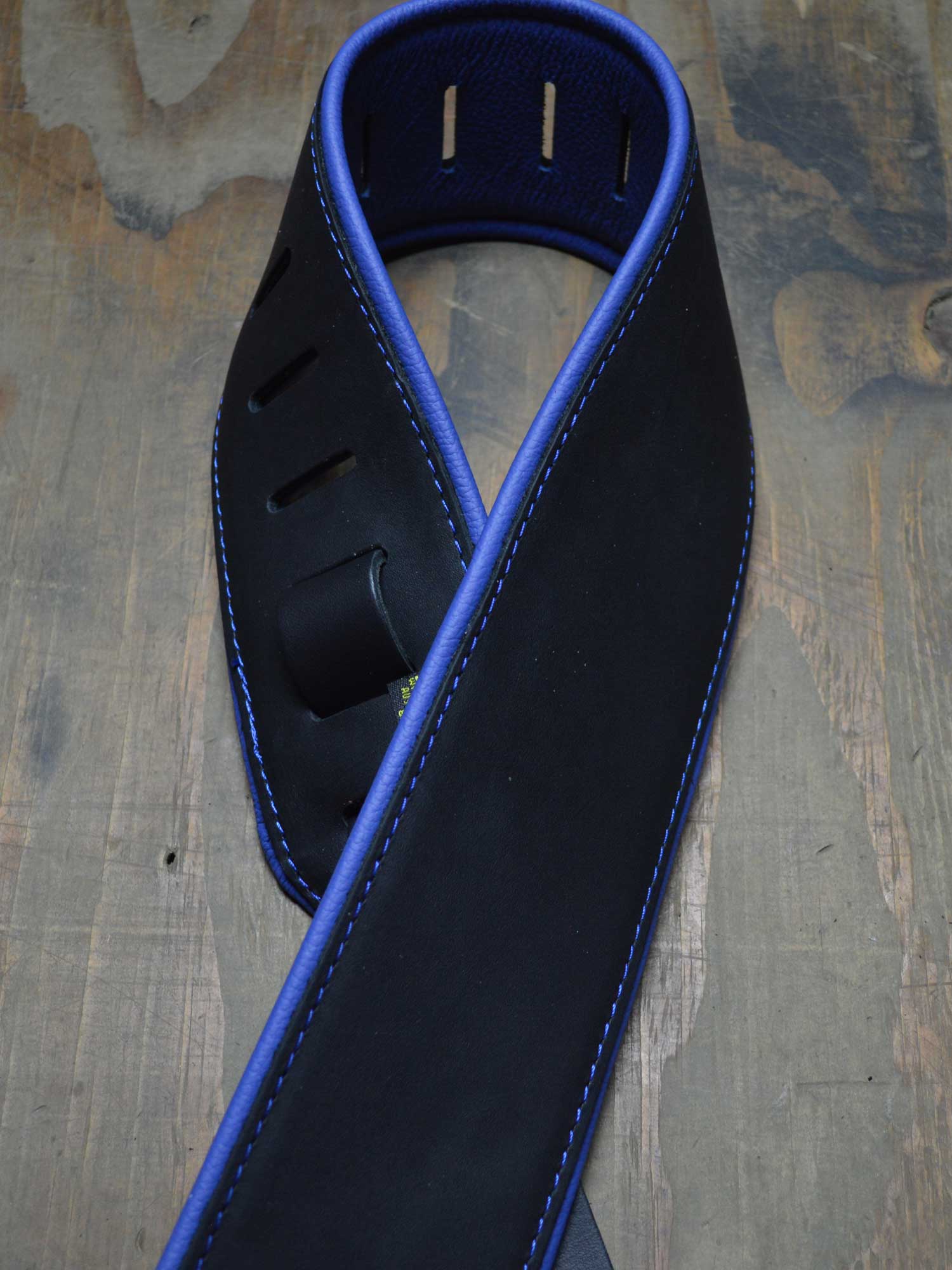 Padded Upholstery Leather Guitar Strap Black & Blue