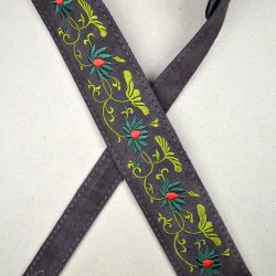 Flower and Leaves Embroidered Brown Suede Guitar Strap