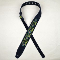 Flower and Leaves Embroidered Black Suede Guitar Strap