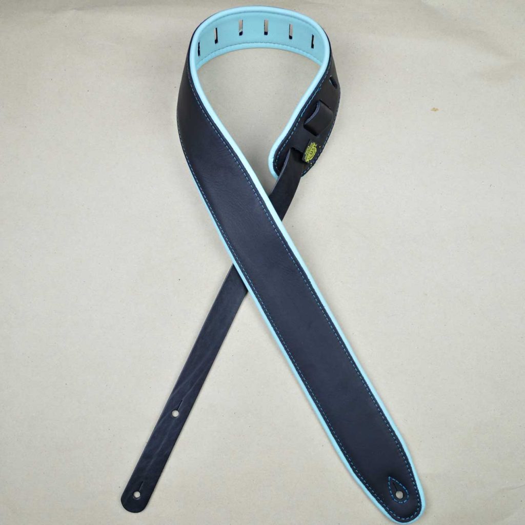 Padded Upholstery Leather Guitar Strap Black & Aqua