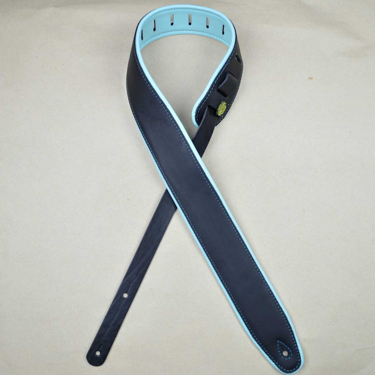 Padded Upholstery Leather Guitar Strap Black & Aqua